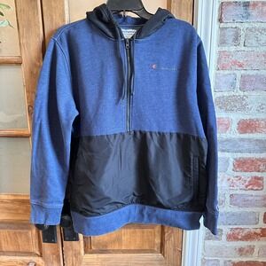 Champion Half Zip Hoodie Mens L Blue Black Colorblock Mixed Media Pullover